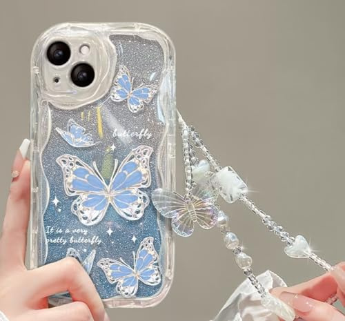 Coque Souple Silicone Transparent Étui Compatible avec iPhone 6/iphone 6s Papier Pailleté Motif Papillon Téléphone Chaîne Option Anti Choc Bordure Crème.