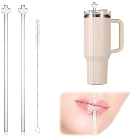 2pcs Heart Shaped No Wrinkle Straws, Glass Replacement Straw Compatible with Stanley 40 oz Tumbler Cup Clear Reusable Anti Wrinkle Drinking Straws with Cleaning Brush