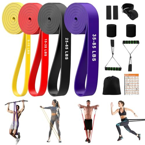 Elastici Fitness, 4 Pezzi Elastico Fitness con Maniglie, Gancio Porta, Guida Esercizi e Borsetta, Elastici Trazioni per Yoga, Allenamento, Pilates, Potenziamento Muscolare