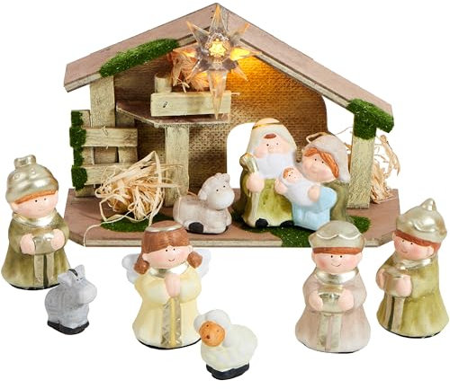 JOYIN Set di 9 presepe con storia di Natale, piccolo set di presepe con presepe e 8 personaggi, giocattolo in miniatura per bambini e bambini, decorazione da tavolo