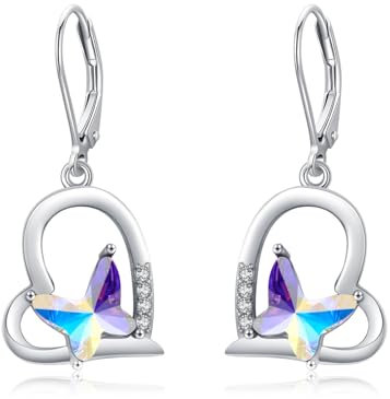 MEDWISE Schmetterling Ohrringe - 925 Sterling Silber Herz Hängend Tropfen Ohrringe mit Mondsteinweiß - Hypoallergener Schmetterling Schmuck für Damen, Frauen und Kinder