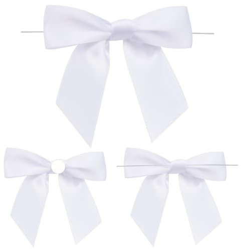 G2PLUS 50 Stück Weiß Fertige Schleifen, Geschenkschleifen Selbstklebend, Satin Schleifen zum Basteln, Schleife Geschenk mit Draht für Geschenkverpackung, Basteln