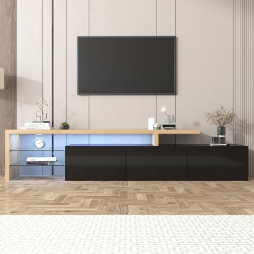 Yolasoly TV Schrank,TV Board mit LED-Beleuchtung und hochglänzendes,Glasböden,TV Lowboard mit 3 Schubladen,TV-Regal für Wohnzimmer,Esszimmer und Schlafzimmer,200x39x42cm,Schwarz