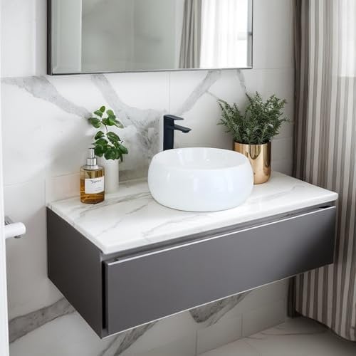 NUESTRA VIDA Lavabo de Cerámica para Baño, Lavabo Sobre Encimera Lavabo Redondo de Baño 40 × 40 ×15,5cm, Ideal para Poner Sobre Encimera de Muebles de Baños y Aseos