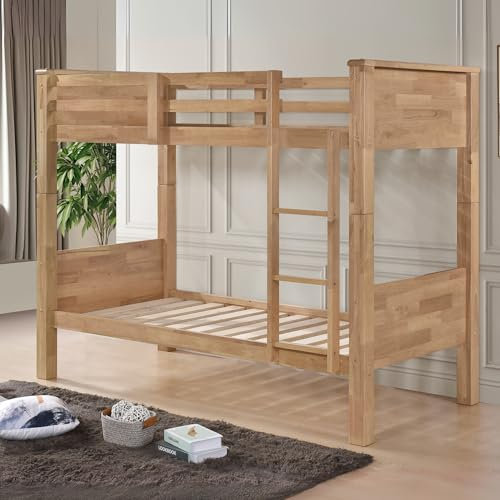 Reinforced Beds, 3FT Single LANGHAM BUNK BED, Heavy Duty Wooden Bunk Bed, Rubberwood, Solid Wooden Slats, Modern Bunk Bed Design (Natural Oak)