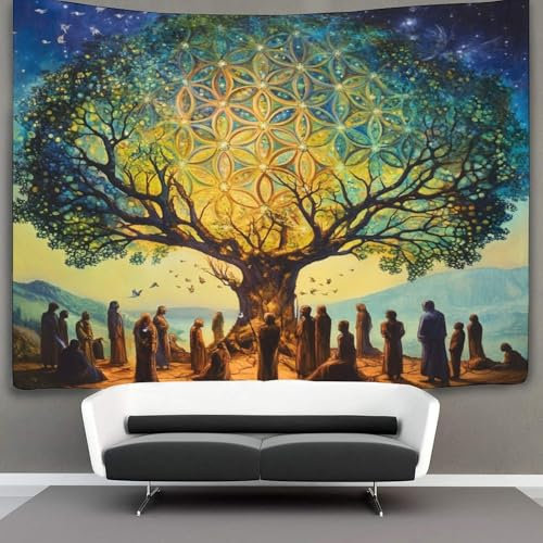 ZbOLi Blume des Lebens Wandteppich Wandbehang Wandtuch Tapestry Wall Hanging,Wandteppich A Big Baum Wanddeko Für Schlafzimmer Wohnzimmer Wohnheim 150cmx200cm