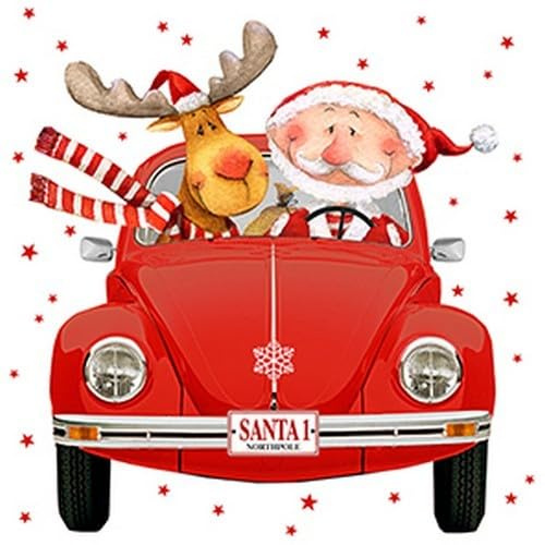 20 Servietten Weihnachtsmann und Rentier im Auto 33cm