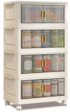 4 Pack 120L Plastic Stackable Storage Boxes With Lids & Wheels, 80x40x145cm Storage Drawers Wardrobe Storage Organiser, Collapsible Storage Box Shoe Cabinet Storage Bins for Bedroom,Bathroom,Kitchen