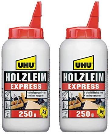UHU Holzleim Express Flasche, Universeller und besonders schnell trocknender Weißleim - geeignet für alle üblichen Holzarten und -verklebungen, 250 g (Packung mit 2)