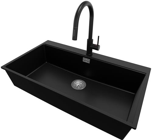 PRIMAGRAN Lavandino da Cucina Nero 88x50cm, Lavello da Cucina a 1 vasca + Sifone Classico + Rubinetto 40x22cm, Lavabo da Cucina Incasso al mobile 90cm - Oslo