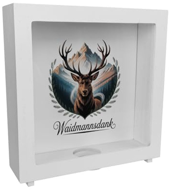 Waidmannsdank Hirsch vor Bergkulisse Rahmen Spardose aus Holz für Jäger dekorative Sparbüchse mit Spruch - für Jäger und die Jagdhütte