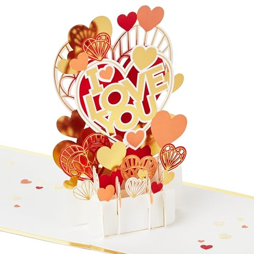 Hallmark 3D Pop Up I Love You Card, Hearts Display, Gold, Red, White | Valentines, Engagement, Anniversary, Popped Up Card 13.7cm x 34.6cm x11.9cm, Gold Foil Details, Signature Gold Foil Envelope