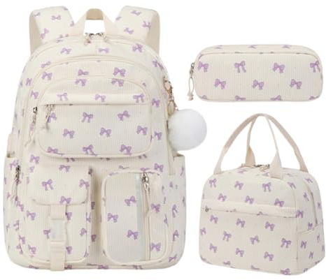 CRGANGZY Juego de bolsas escolares de 3pcs con caja de lonchera y estuche lápiz, mochila de pana linda para adolescentes, mochila de niñas preppy para la escuela secundaria primaria 4
