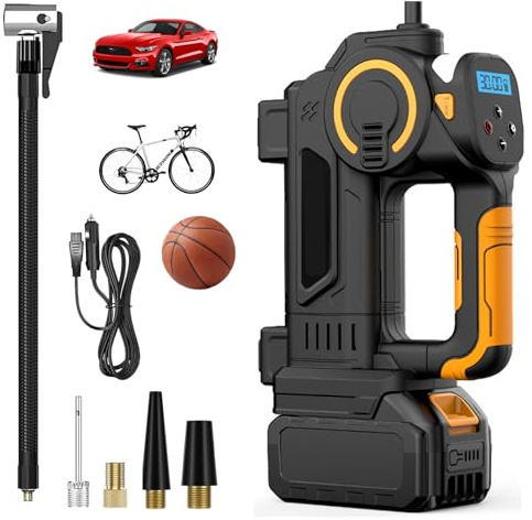 Cordless Tyre Inflator, Air Compressor Compatible for Makita 18V Battery, Cordless Tyre Inflator with 1 Battery, Portable Tire Inflator with 3 Nozzles for Car, Bicycle, Ball