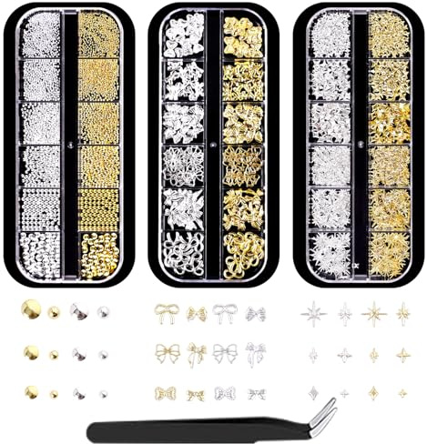 Mzbnfa 3D Nail Charms, 3 Boxes Gold Silver Nail Gems Rhinestones Charms with Tweezers, Assorted Styles Bows Stars Pearls Nail Art Accessories for Women Girls DIY Manicure Decoration