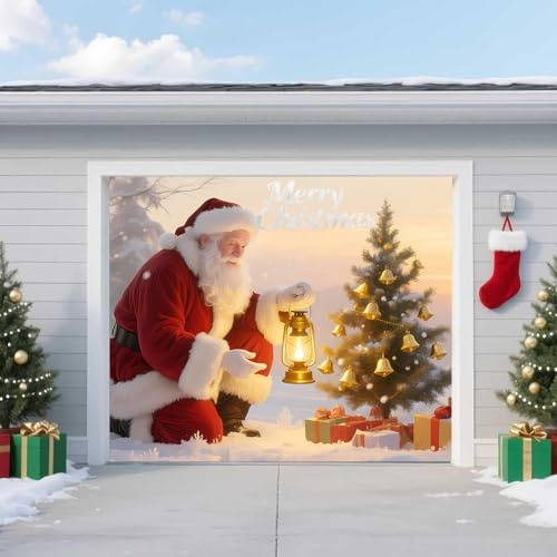 6.5 * 5ft/2 * 1.5m,Christmas Garage Door Banner – Holiday Outdoor Decoration with Santa Claus, Xmas Tree & Gift Boxes – Large Waterproof Reusable Cover for Home, Yard, Party & Photo Backdrop