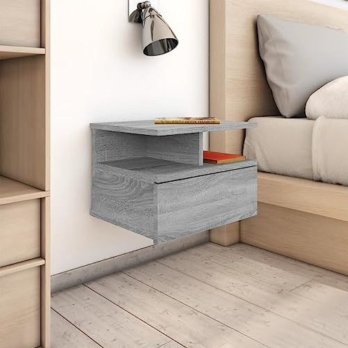 HETFTJN Hängender Nachttisch Grau Sonoma 40x31x27 cm aus Holzwerkstoff mit Schublade & offenem Fach Modern platzsparend für Schlafzimmer Wohnzimmer Flur