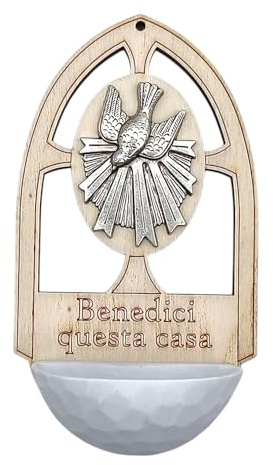 Generico Weihwasserkessel aus Holz und Harz mit Plakette des Heiligen Geistes, italienische Handarbeit, 14 x 8 cm