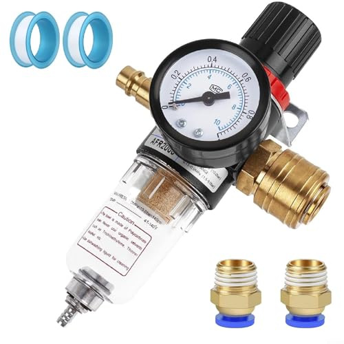 GLFLOW Druckluftdruckregler mit Feuchtigkeitsabscheider, 1/4 Zoll Gewinde, Messing und ABS für Luftkompressoren und Druckluftwerkzeuge