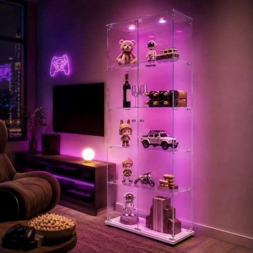 Vitrinskåp med LED, stående glasvitrinskåp, 5 lager glas trä vitrinskåp 2 dörrar och lås monter glasskåp displayskåp samlarvitrinskåp (5 våningar, 2 dörrar LED-2, vit)