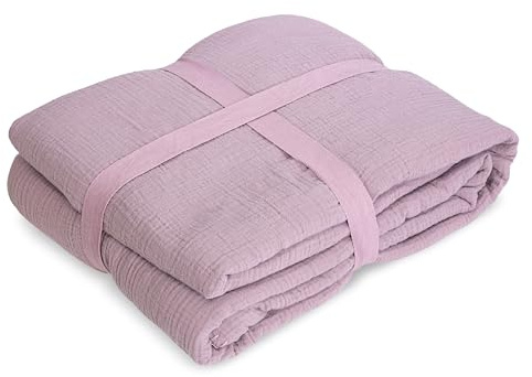 Musselin Decke 130x180 cm – Kuschelige Wohndecke mit weicher Fleece-Rückseite – 100% Baumwolle Vorderseite – Atmungsaktiv & Warm – Ideal als Sofadecke & Tagesdecke (rosa)