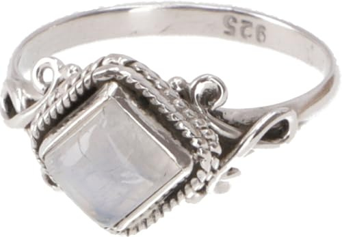 Boho Silberring, filigraner Edelsteinring mit rechteckigem Stein, Mondstein