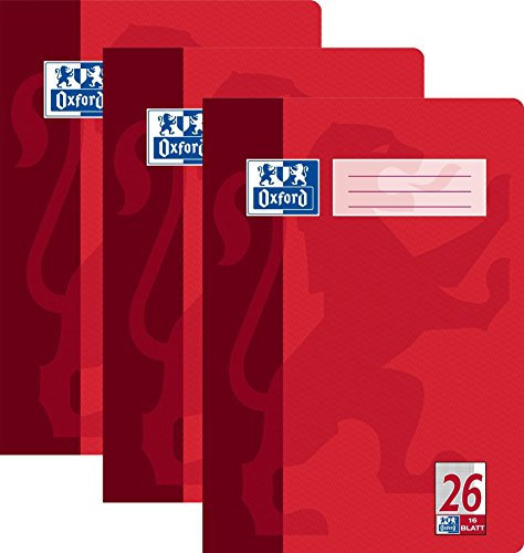 3x Oxford 384401626/100050312 Heft DIN A4, Lineatur 26, kariert/Rand 5 mm, 90 g/qm, 4-fach sortiert