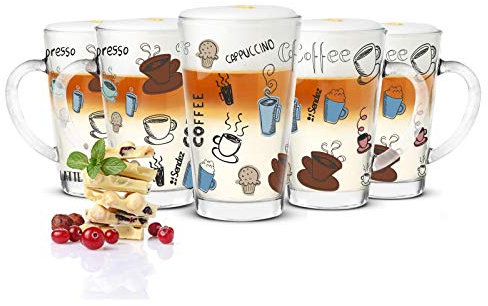 Sendez 6 Latte Macchiato Gläser 300ml Kaffeegläser Teeglas mit Buntem Kaffee-Aufdruck
