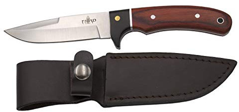 THIRD 12051PW Jagdmesser, mit 440er Stahlklinge 10,6 cm satiniert, Pakkaholzgriff und schwarzem Holz, mit Lederbezug.