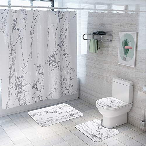 Morbuy 4 Pcs Ensemble Rideau de Douche Salle de Bain Tapis Contour WC Tapis de Bain Antidérapant Couvre Couverture de Toilette Siège - Marbre Imprimé (Blanc)
