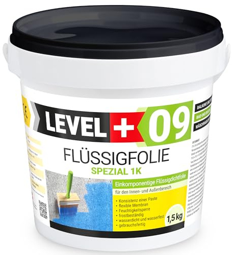 Level + 09 Flüssigfolie Spezial für Balkon, Terrasse, Bad & Dusche | Dichtfolie unter Fliesen auf Beton, Putz & Estrich – Flüssigabdichtung, Wasserdicht, Frostbeständig & Gebrauchsfertig –1,5 kg
