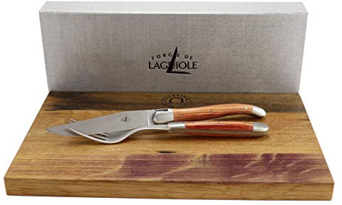 Palatina Werkstatt ® Forge de Laguiole Geschenkset | 1 Steakmesser + 1 Gabel aus Edelstahl satiniert | Rosenholz | + 30x18 cm Fassholzbrett