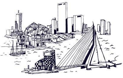 adrium Holz-Bild 100 x 100 cm: Rotterdam-Skyline. Orte und Architektur auf der ganzen Welt - Sammlung von Hand gezeichneten Illustrationen (44120554)