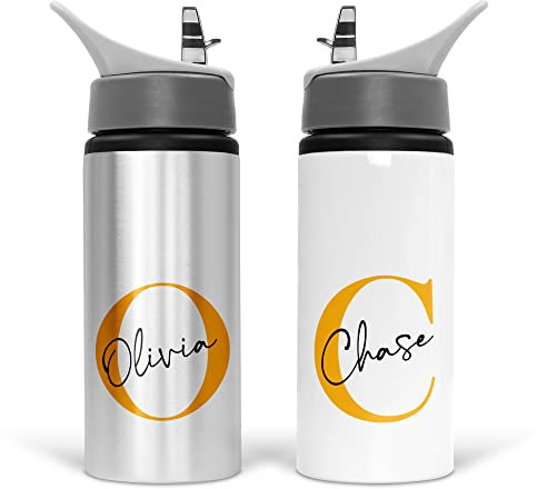 Print Maniacs Personalised Water Bottle School Sport Drink 600ml Leakproof Spill Proof Aluminium Hot Cold Flip up Kid Boys Girls Biking Gift Initial (Orange)