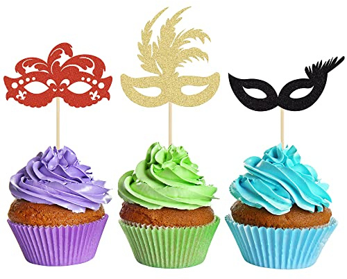 Gyufise Cupcake-Aufsätze, glitzernd, für Junggesellinnenabschiede, Cupcakes, Lebensmittel, Obst, Masken, Karneval, Party, Babyparty, Geburtstag, Dekoration, Schwarz, Gold, Rot, 24 Stück