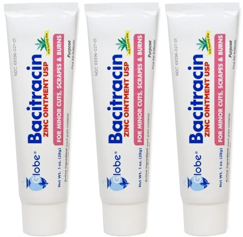 Globe (3 Pack) Bacitracin Zinc Ointment + Aloe 1oz - Maximum Strength Antibiotic for Wound Healing - Topical Medicated Solution for Cuts, Burns, Scrapes - Skin Infection & First Aid Essentials