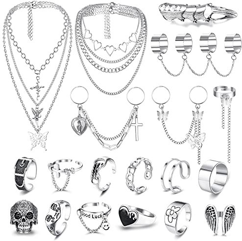 YADOCA Vintage Silber Kette Punk Fingerringe Geschichteten Choker Halskette für Damen Herren Hip Pop Goth Stapelbare Midi Ringe Set Verstellbare Emo Ringe Y2K Schmuck