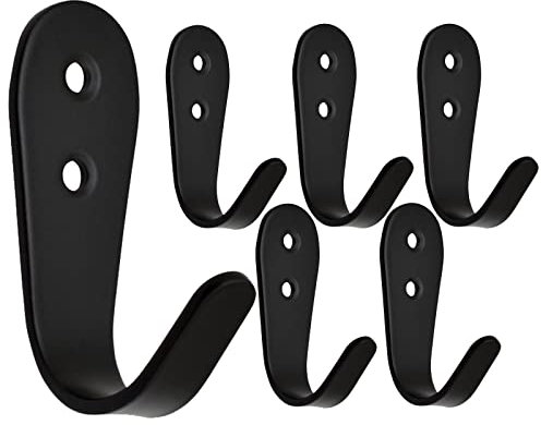 Beilala Coat Hooks for Wall, 6 Pack Black Wall Mounted Door Hooks Stainless Steel Single Coat Hanger Heavy Duty, Large J Metal Hook for Kitchen Bedroom Bathroom Office Toilet