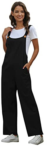 Latzhose Damen Sommer Locker Lang Weite Hose Overall Jumpsuit Einteiler Playsuit Arbeitslatzhose Große Größen mit Taschen Loose Fit Hoseanzug Romper Schwarz M