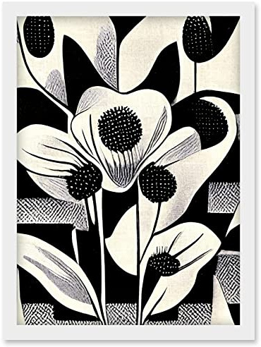 Wee Blue Coo Monochrome Black White Abstract Retro Flower Pattern Artwork Framed Wall Art Print A4