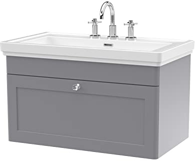 nuie CLC296B Classique Traditional Bathroom Wall Hung 1 Drawer Vanity Basin Unit with 3 Tap Hole Fireclay Basin, 800mm, Satin Grey