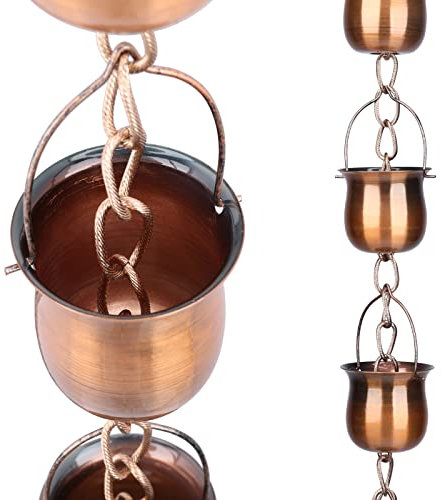 Taman Regenketten-Set, 1,5 m lange Regenkette für Dachrinnen, Kupfer-Regenkette, Tassen als Ersatz für Dachrinne, Fallrohr umleiten, 10 Tassen, Roségold