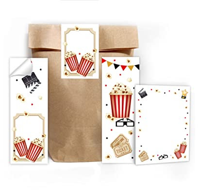 12 Lesezeichen + 12 Mini-Notizblöcke + 12 Geschenktüten (Natur) + 12 Aufkleber Kino Kino-Party Mitgebsel Gastgeschenk beim Kindergeburtstag Jungen Mädchen