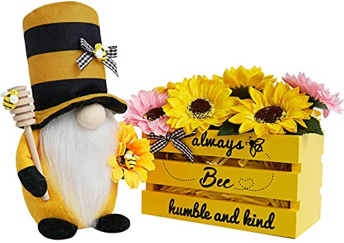 Bienen-Dekor, Holzbienen-Kisten-Dekorationen, Humble Bee Zwerg Plüsch mit Honiglöffel, rustikale Bauernhaus-Biene, Mini-Holzkiste mit künstlichen Sonnenblumen-Dekor, Sommerdekorationen für Zuhause