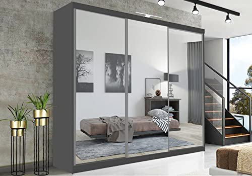 RAC3 Race to Road Stylish Bedroom Sliding Wardrobe with LED Light - Ample Storage Space and Sleek Design comes in White/Grey/Black/Oak and Width 100cm/120cm/150cm/180cm/203cm/250cm (Grey, 250cm)