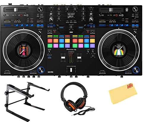 Pioneer DDJ-REV7 Scratch-Style 2-Channel Professional DJ Controller - Black Bundle with Laptop Stand, Headphones, and Austin Bazaar Polishing Cloth