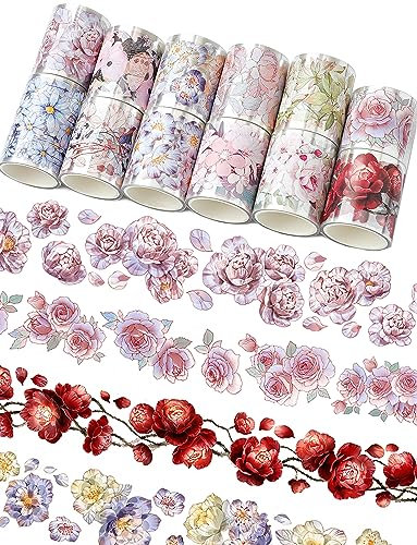 Cratey Washi-Klebeband-Set mit Blumenmuster, 12 PET- und Washi-Klebebänder für Tagebuch-Aufkleber, Scrapbooking-Zubehör, Planer, Bullet Journals, Kunst und Handwerk, Verwendung als Aufkleber