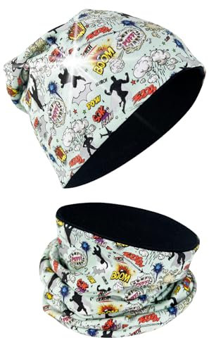HECKBO Winter 360° Reflektor Kinder Beanie Mütze & Loop Schal Set - Superheld - Vlies innen - 2-6 Jahre - 95% Baumwolle