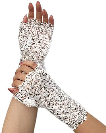 Wambere Spitzenhandschuhe,Fingerlose Handschuhe Vintage Fäustlinge Damen Spitze Stickerei Fingerlose Sonnenschutz Braut Handgelenk Handschuhe für Hochzeit Teeparty Zubehör Party Halloween,Weiss