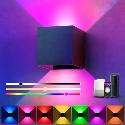 Lampada da Parete RGB, 9W LED Lampada da Parete Interno RGB Dimmerabile con Telecomando APP Controllo, 16 Milioni di Colore, Angolo del Fascio Regolabile Applique per Soggiorno,Camera da Letto
